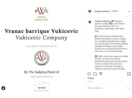 Instagram Post by Vranac Barrique Vukicevic and paris wine cup