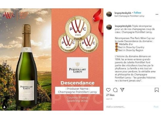 Instagram post about pointillart Leroy winery and Paris wine cup