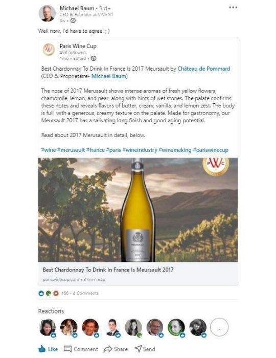 Linkedin Post by Michael Baum about Paris Wine Cup